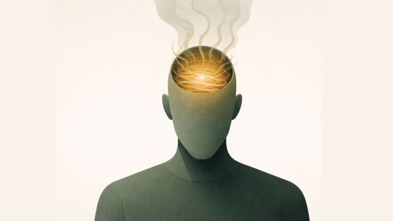 Абстрактна илюстрация на умствено изтощение и бърнаут – човешка фигура с прегрял ум, символ на работа без почивка