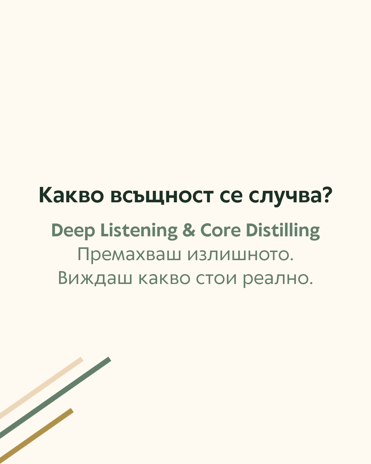 Текстов слайд с въпрос какво всъщност се случва, първа стъпка от 4D Dialogue.